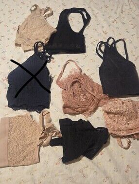 Black and Blush Lace Bralette Set - Women Intimates Bundle Of 7 Items (Small- M)
